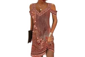 FULLVEB Summer Casual Cold Shoulder Dresses for Women 2024 Trendy Boho Ethnic Floral Tribal Marble Print V Neck Mini Dress