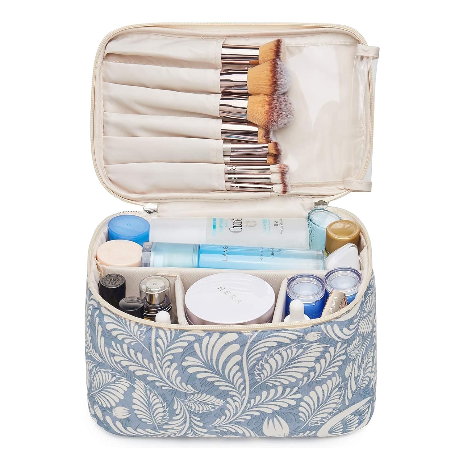 Travel Makeup Bag Large Cosmetic Bag Make up Case Organizer for Women and Girls (Large, Blue Leaf) : Beauty