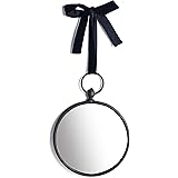 NIKKY HOME 8 Inch Vintage Decorative Round Metal Hanging Mirror with Black Velvet Ribbon in a Bow, Grey