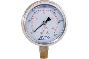 JIVTO Pressure Gauge,Glycerin Liquid Filled,2.5" Dual Scale Dia,0-600 psi/bar/kpa,1/4" NPT Male Brass Connection,Lower Mount, Stainless Steel Case,for Pneumatic,Pump,Hose,Well Tank,Gas Air Water Oil