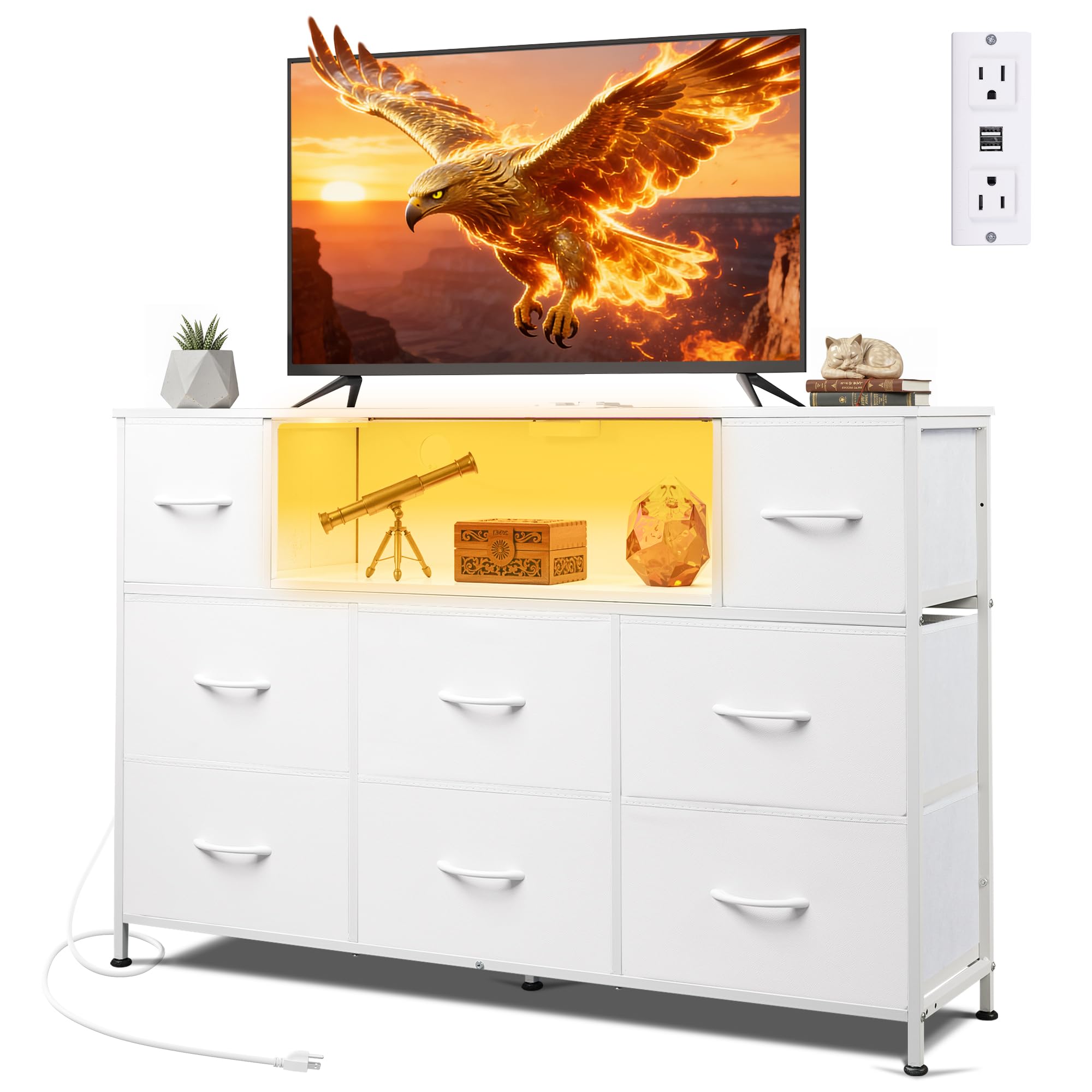 GALAXHERO White TV Stand for 45, 50, 55 inch TV, TV Media Console Table with LED Lights & Charging Station, Entertainment Center with 8 Fabric Drawers and Open Shelves for Living Room, Hallway