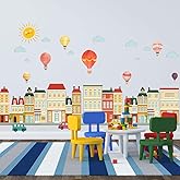 Cartoon City Wall Decals, Whimsical Hot Air Balloons, Houses, Animals, Rainbow, Sun, Clouds Design, Removable Vinyl Stickers for Kids Room, Nursery, Bedroom, Playroom Decor (Colorful-02)