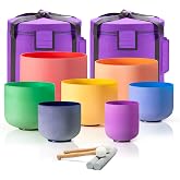 CVNC Crystal Singing Bowl 440HZ 6-12 Inch 7 Colored | Quartz Frosted Chakra Sound Bowl Colorful Healing Instrument with 2 PCS Travel Carry Case Bag for Meditation