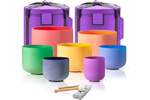 CVNC Set Of 7 PCS 440HZ 6-12 Inch Colored Frosted Chakra Quartz Crystal Singing Bowls Sound Healing Instrument with 2 PCS Travel Carry Case Bag for Meditation
