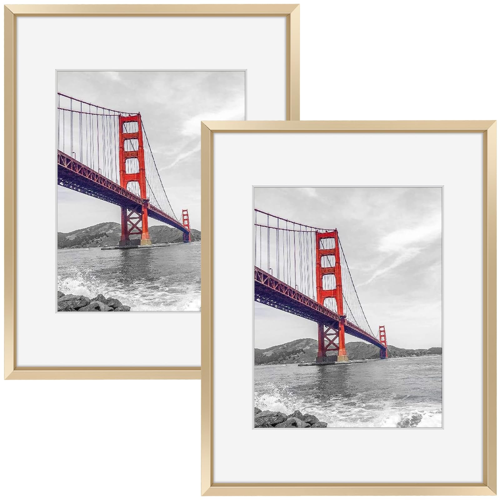Frametory, 11x14 Metal Picture Frame with Mat for 8x10 Picture & Real Glass, Aluminum Photo Frame Collection (Gold, 2 Pack)