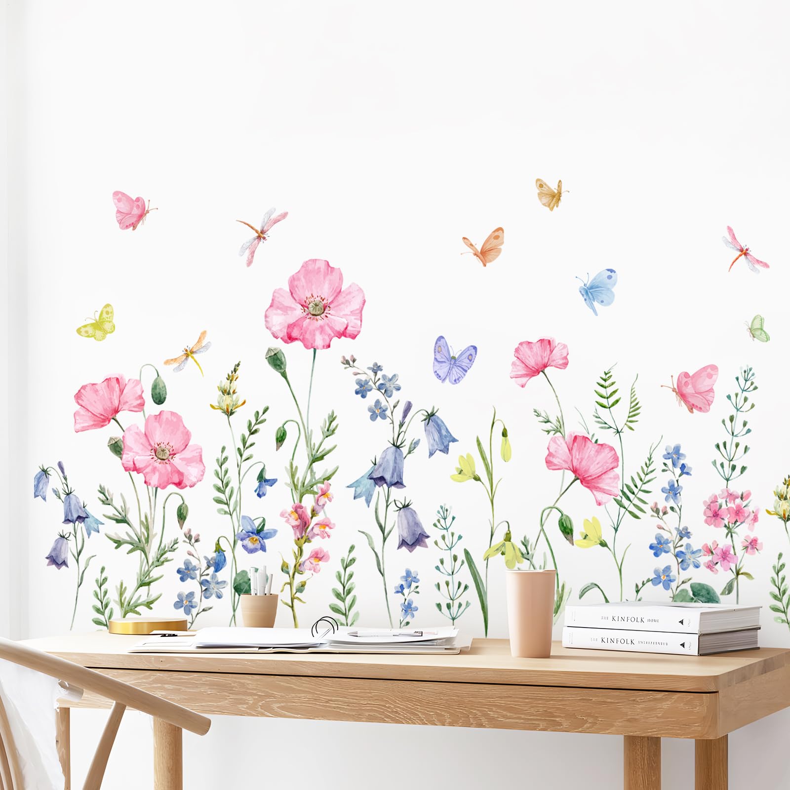 Watercolor Wildflower Wall Stickers Colorful Garden Flower Grass Butterflies Wall Decals for Girls Bedroom Living Room Home Office Wall Decor