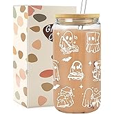 Mikopei Halloween Cups Tumbler, Halloween Gifts for Women, Cute Glass Cups with Lid and Straw, Boo Spooky Gifts Basket Stuffers Stuff, Ghost Decorations Decor Indoor, Glasses Drinking, White, 16 oz