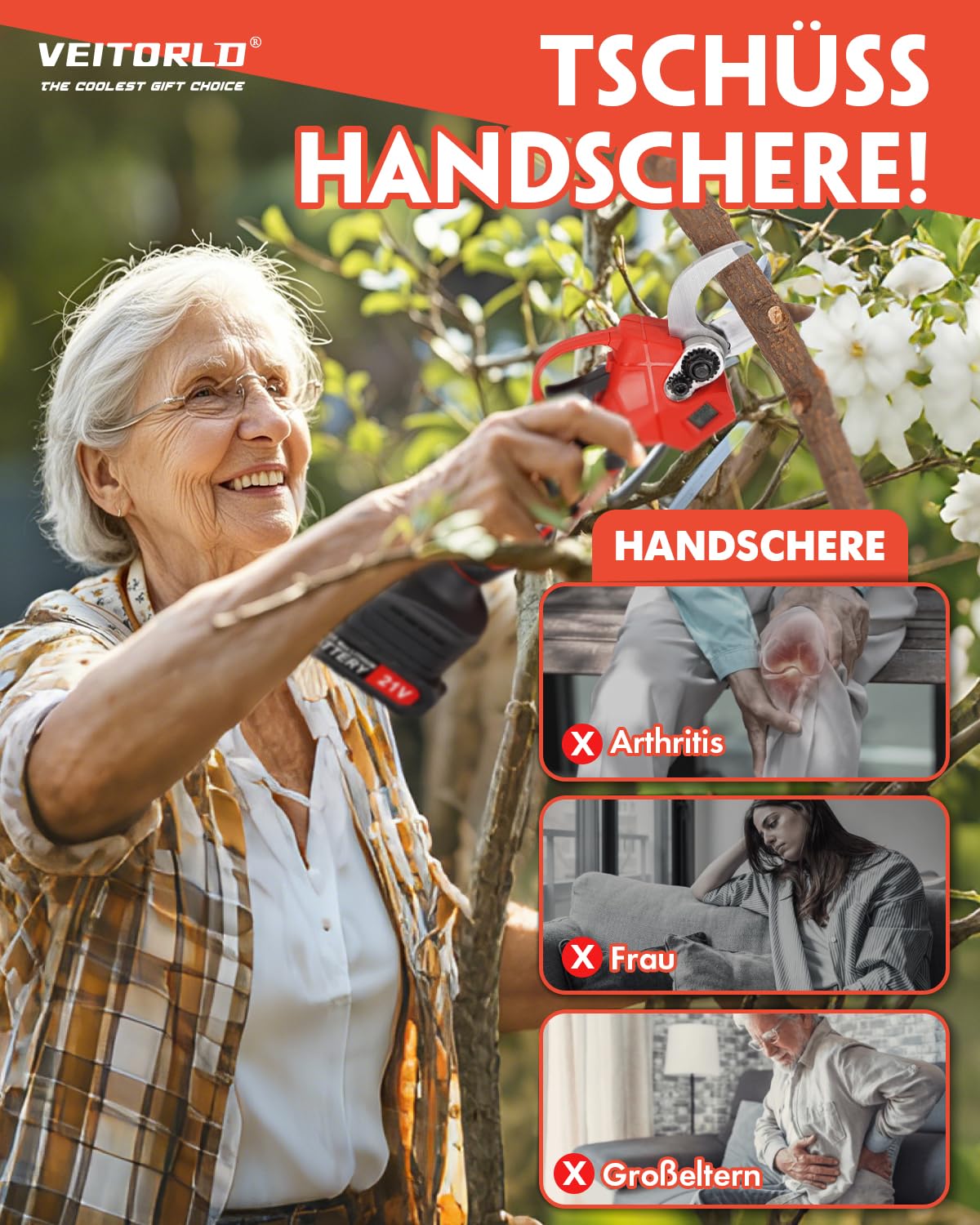 Akku Astschere, 30MM Gartenschere mit 2 Akku 2000mAh, 1000W Bürstenloser Motor Bypass Baumschere, Elektrisch Garten Schere mit LED-Schnittzählerm -Geschenke für Männer Papa Mama Frauen 7