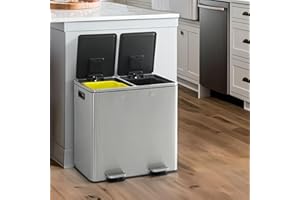 CAPHAUS Dual Trash Can with Double Lid, Trash and Recycle Bins Combo, Hands-free Stainless-Steel Garbage Can for Kitchen, with 2 Compartment, Hinged Lid, Odor Filters, Handles, 25L+25L, 2 x 6.6 Gallon