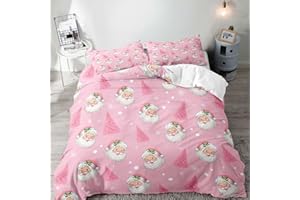 LUVIVIHOME 2PCS Pink Christmas Tree Cute Santa Duvet Cover Twin Bedding Sets, Pink Duvet Cover, Kids Teen Girls Bedding, Snowflake Winter Holiday Xmas Gifts Christmas Comforter Cover, 1 Pillow Sham