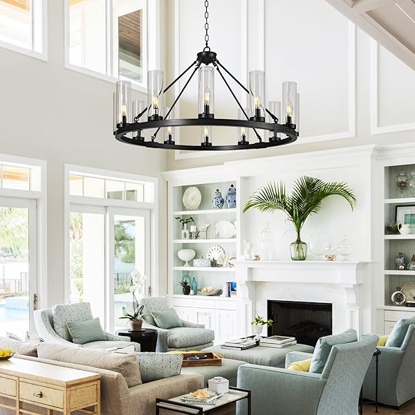 ZHLLMQ 12 LIGHT BLACK CHANDELIER WAGON WHEEL CHANDELIER WITH CLEAR GLASS SHADE ROUND INDUSTRIAL PENDANT LIGHTING FIXTURE FOR STAIR LIVING ROOM FOYER KITCHEN