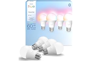 Philips Hue Essential Smart LED A19 Bulb, White and Color Ambiance, E26 Base, 8.8W, 2200K-6500K, 800 Lumens, Dimmable, Works with Alexa, Google, and Apple Home, 4-Pack