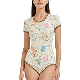 Cute Adult Onesie Pjs for Women: Snap Crotch Romper Kawaii Bear Pajamas - Short Sleeves Casual Bodysuit