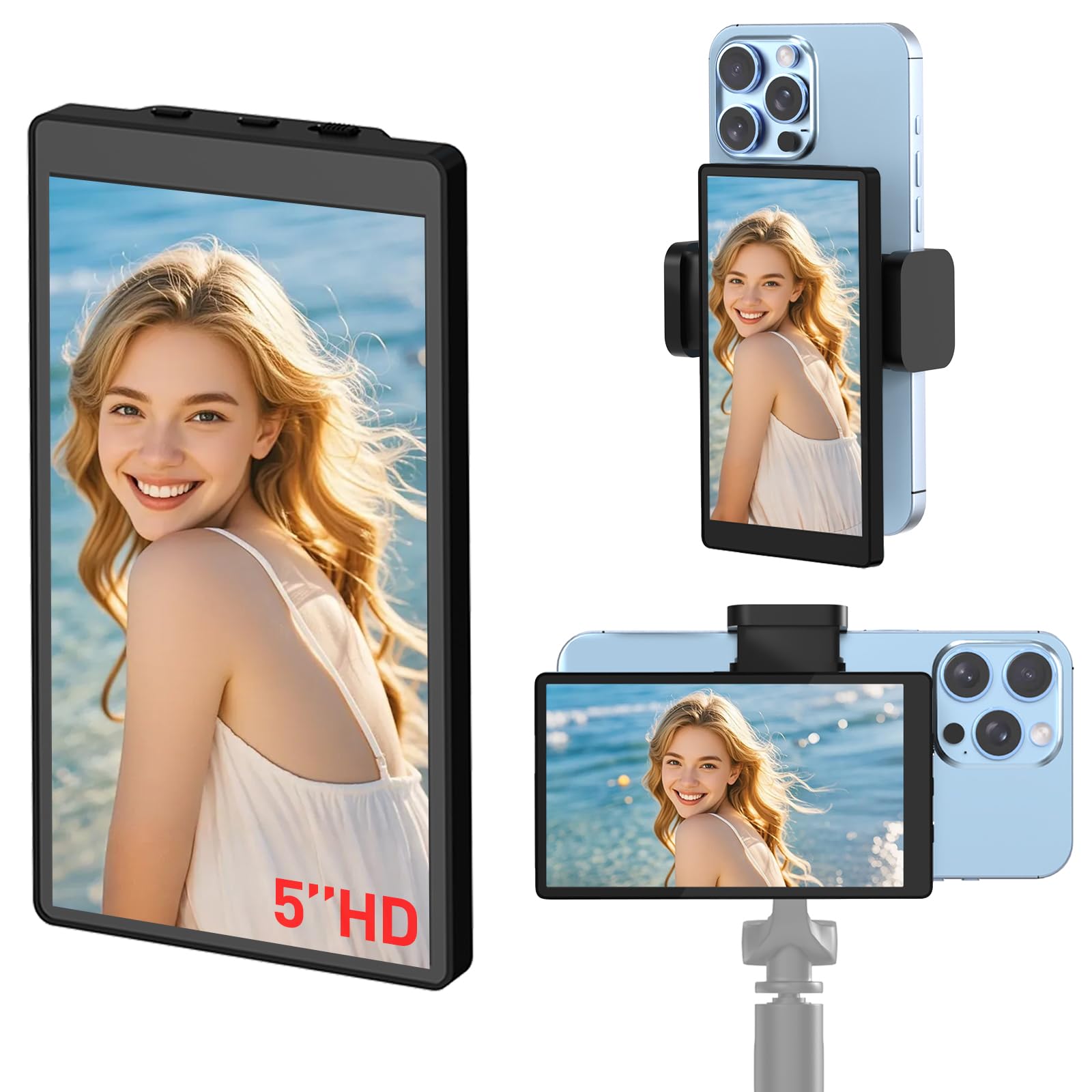 Photo 1 of USBERG 5" Phone Vlog Selfie Monitor Screen w/Magnetic Clip, Screen Selfie Monitor with Bluetooth Remote for iPhone Vlog, Low Latency Back Camera Monitor for TikTok YouTube Live Streaming (Black)