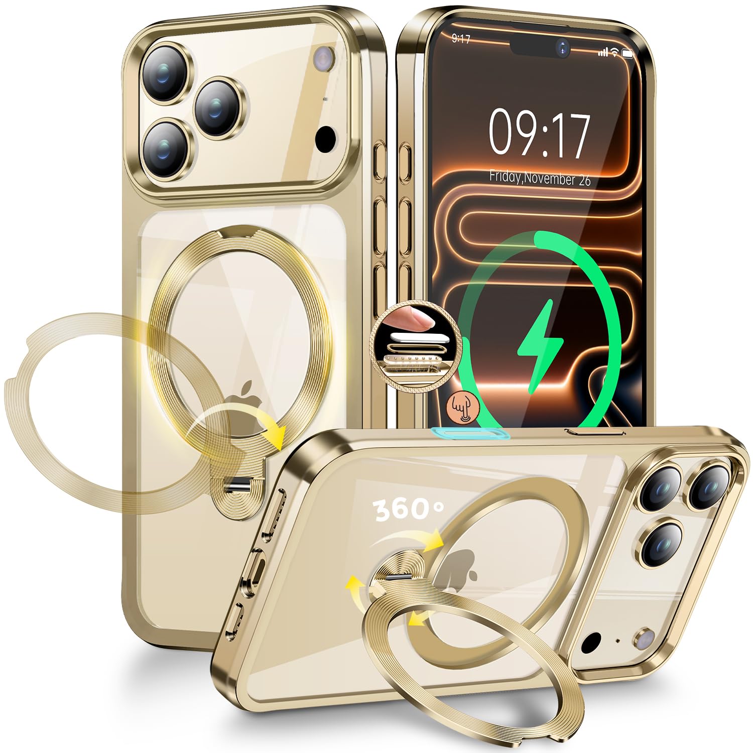 Photo 1 of [CD Metal Ring & Invisible 360° Spin Stand] Magnetic Case for iPhone 17 Pro Max 6.9" [Electroplated Shockproof Bumper ] [Compatible with Mag Safe] Cover with Stand for Women Men Slim Clear - Gold