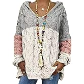 Women Hooded Sweater Chunky Drop Shoulder Pullover Sweater Long Sleeve Loose Cable Knit Tops Fall Winter Trendy