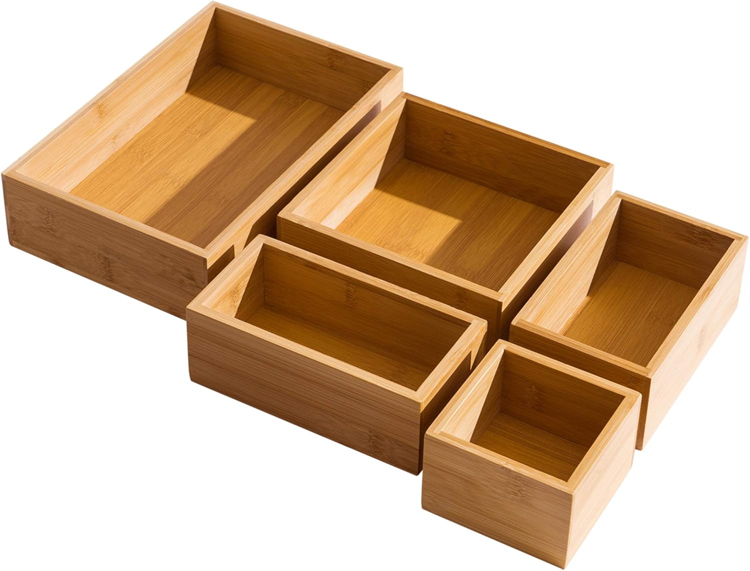 5 Piece Bamboo Drawer Organizer Set, Luxury Wooden Desk Storage Box Kit, Multi-use Junk Drawer Organizer for Office, Kitchen, Bedroom, Children Room, Craft, Sewing : Office Products