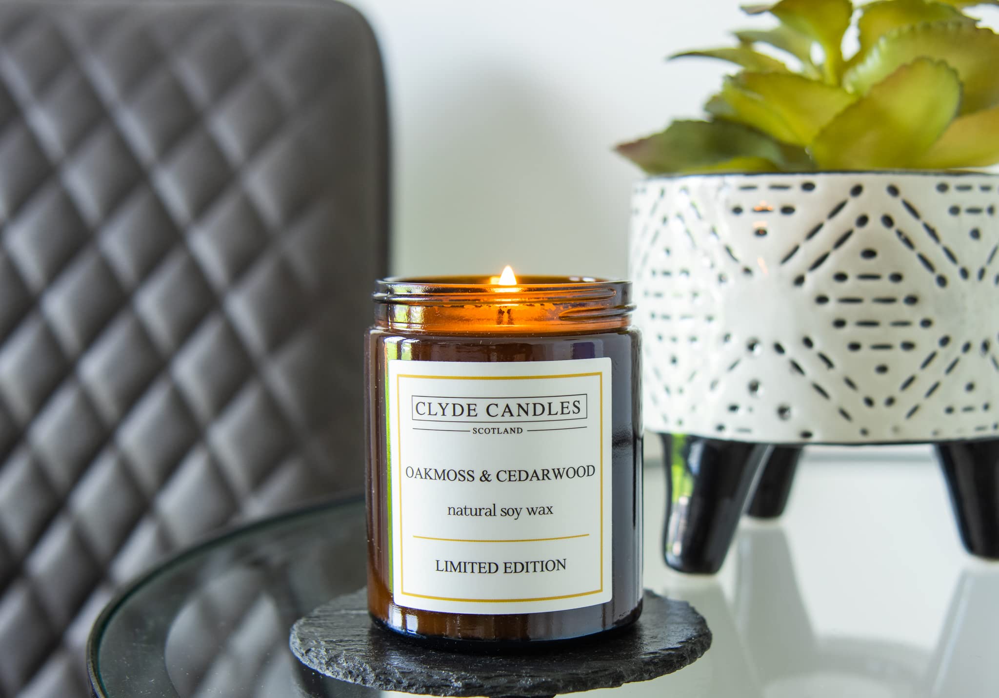 Natural Soy Candle Amber Glass - Clyde Candles Limited Edition (Oakmoss and Cedarwood)