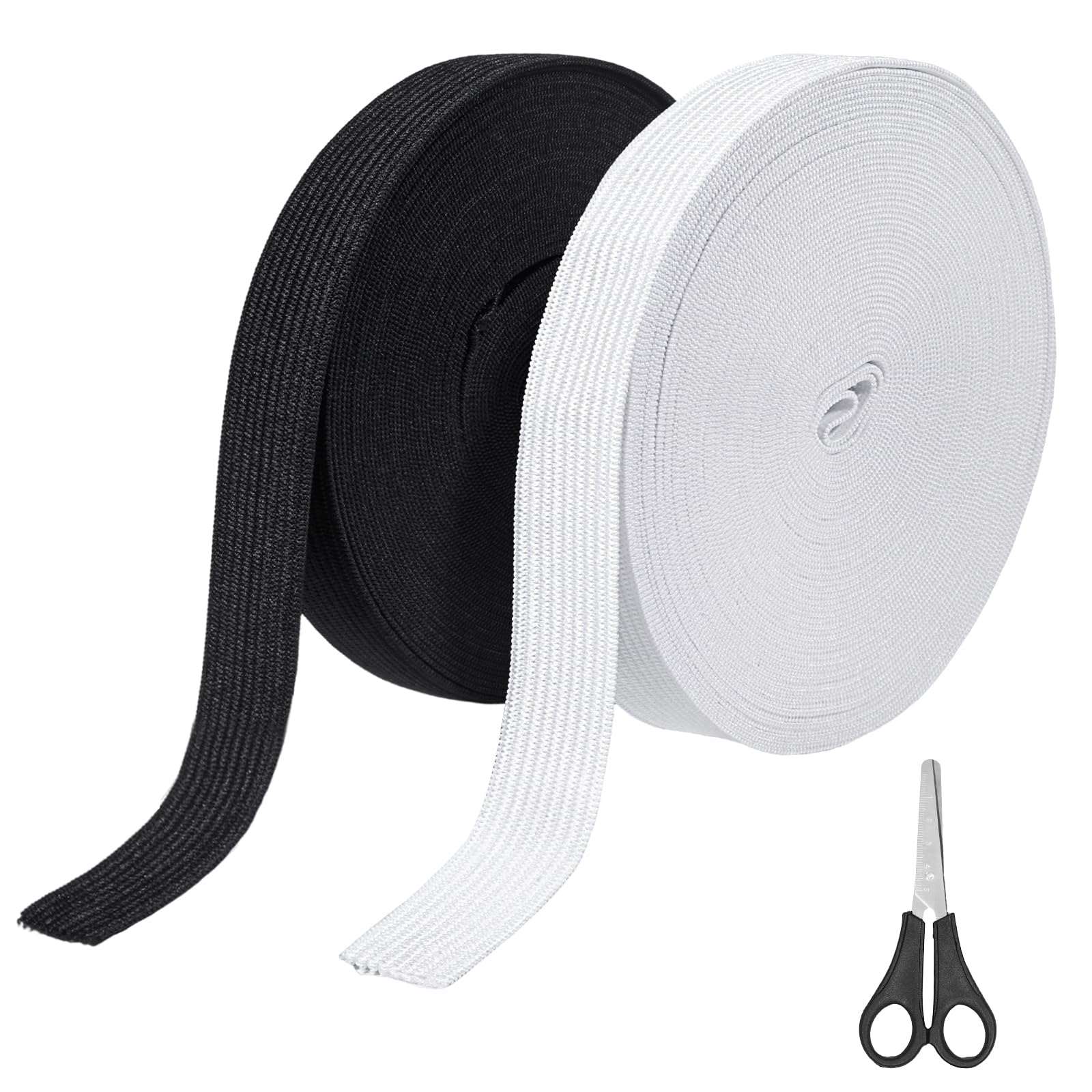 Furuising 2 Rolls White & Black Elastic for Sewing 20mm(3/4") Wide, 20M(10M Each) Flat Elastic Bands, Sewing Elastic Bands with Scissor, Stretchable Waistband for DIY, Wig Band, Trouser, Headbands