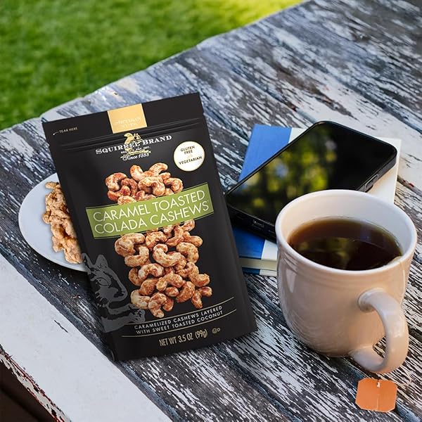 SQUIRREL BRAND CARAMEL TOASTED COLADA CASHEWS 3.5 OZ RESEALABLE BAG WITH SWEET TOASTED COCONUT, NATURAL FLAVORS