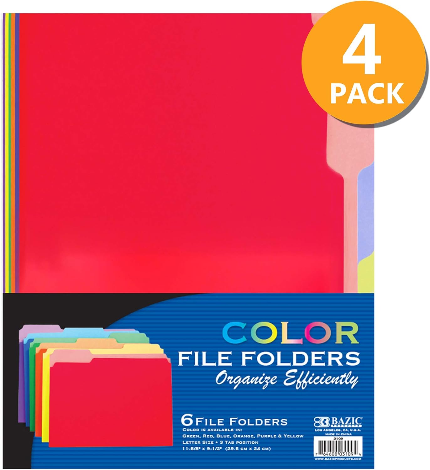 BAZIC 1/3 Cut Letter Size Manila File Assorted Color Folder, Tabs Left Right Center Positions Holders, Easy Organize Storage Files Document, Office Home Teacher Business (6/Pack), 1-Pack : Office Products