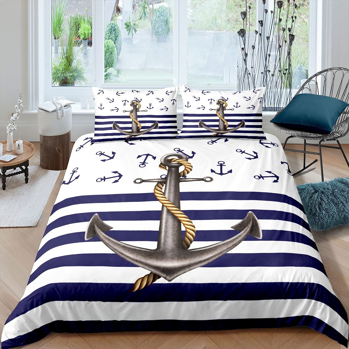Anchor Comforter Cover Single, Blue Ocean Navigation Theme Print Duvet Cover Set for Kids Boys Bedroom Present, Dark Blue and White Stripes Decorative Bedding Set with 1 Pillowcase — image 1