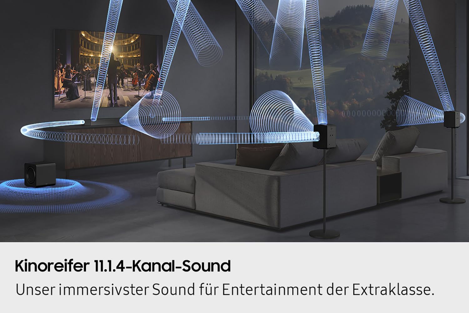 Samsung HW-Q995GF Q-Series 11.1.4-Kanal-Soundbar für Fernseher, Kabelloser 8"-Dual-Subwoofer, 4.0.2-Kanal-Rücklautsprecher, Kabelloses Dolby Atmos und DTS:X, SpaceFit Sound Pro, Q-Symphony 7