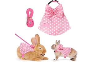 Habbiful Rabbit Harness and Leash Set for Outdoor Training Camping Walking Escape Proof Pink Wave Point Breathable Bunny Clothes Bunny Outfits for Rabbits Small Pet Supplies, S