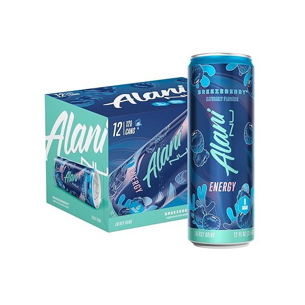 ALANI NU BREEZEBERRY, SUGAR FREE, LOW CALORIE ENERGY DRINKS, 200MG CAFFEINE, BIOTIN, B VITAMINS, ZERO SUGAR, 10 CALORIES, 12 FL OZ CANS, 12 PACK