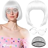 PLULON White Bob Wig with Heart Sunglasses and Hair Cap, Colorful Short Bob Wigs Synthetic Party Wigs Funny Cosplay Hairpieces for Women Men Daily Bachelorette Halloween Costume Party Decorations