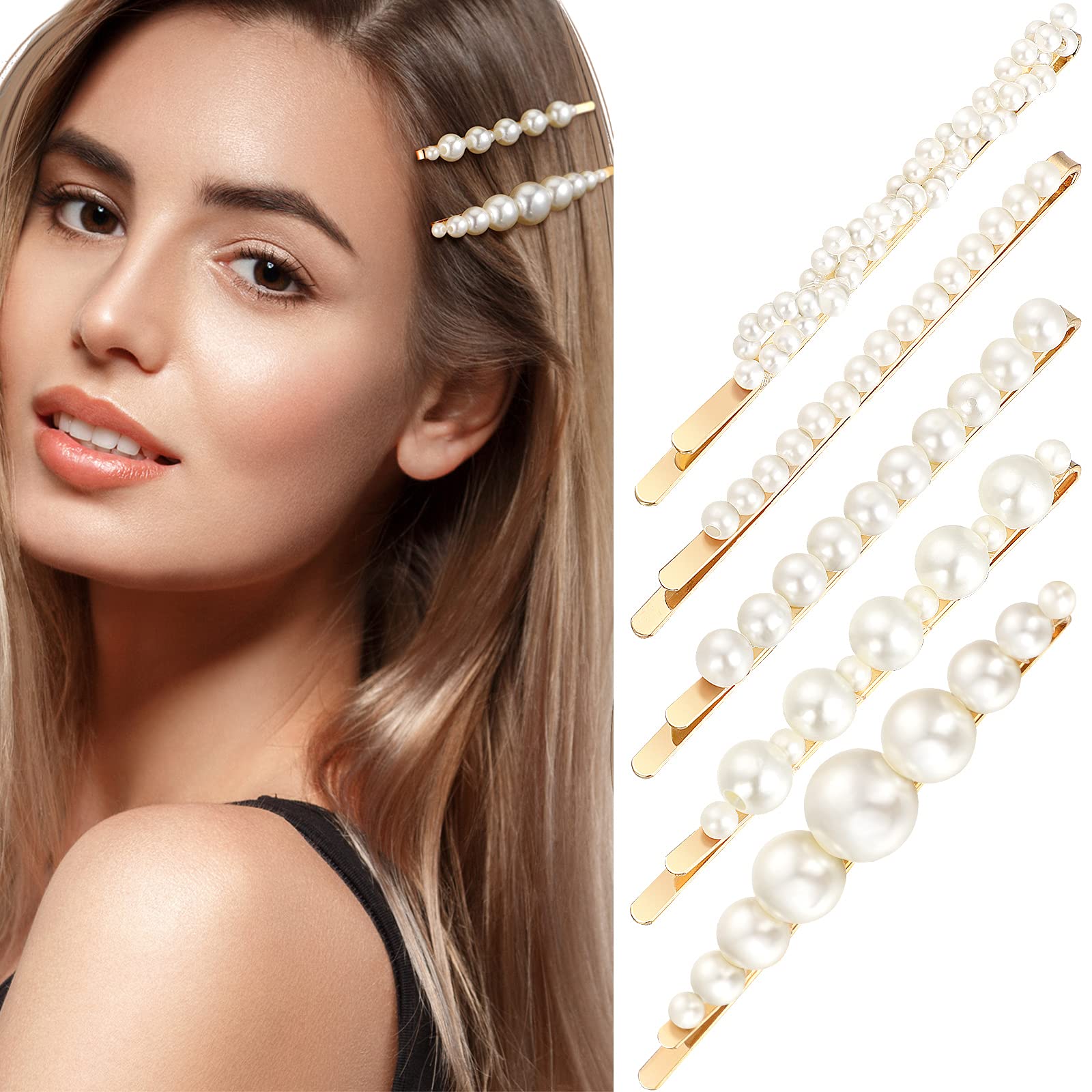 5 Pieces Artificial Pearls Hair Clips Sweet Artificial Pearl Hair Pins Elegant Faux Pearl Hair Barrette Bridal Hair Accessories for Women Girls