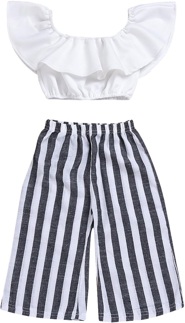Ninstar Kids Toddler Baby Girls Pants Set Off Shoulder Top and Black White Stripe Wide Leg Flare Outfit 2PCS