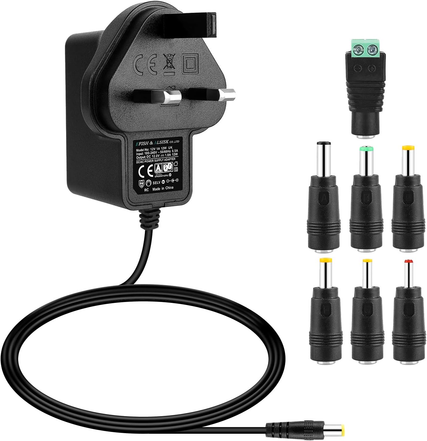 ALSISK AC 100-240V to DC 12V 1A(1000mA) 12W Power Transformers Adapter with 7 Different Plugs,for 12V Security Dome/Bullet Camera LED Light Strip and Many Common 12V Electronic Equipments