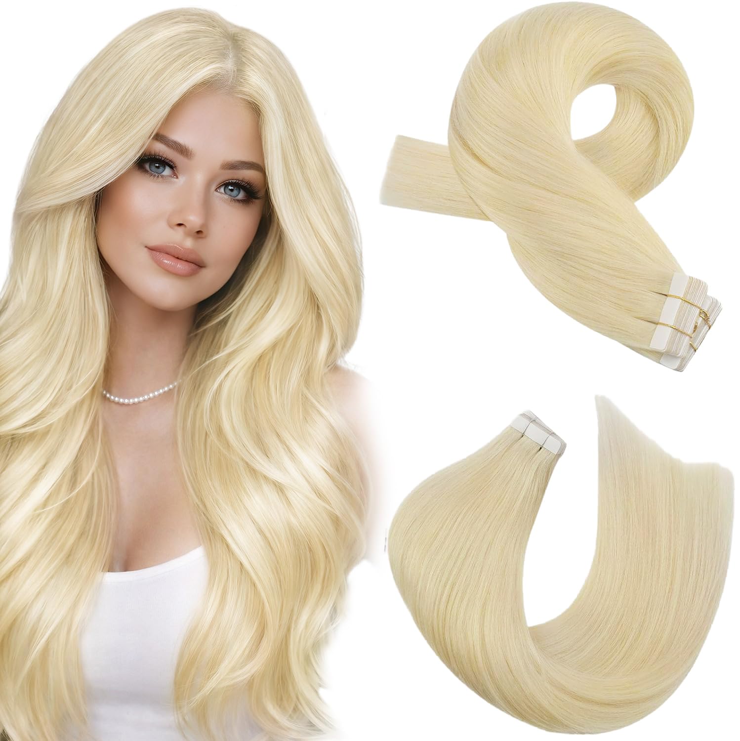 Moresoo Tape Hair Extensions Human Hair Platinum Blonde Invisible Real Remy Hair Extensions Tape in 16Inch Thick Blonde Human Hair Silky Soft Straight 20 Pieces/50g #60 โ image 1