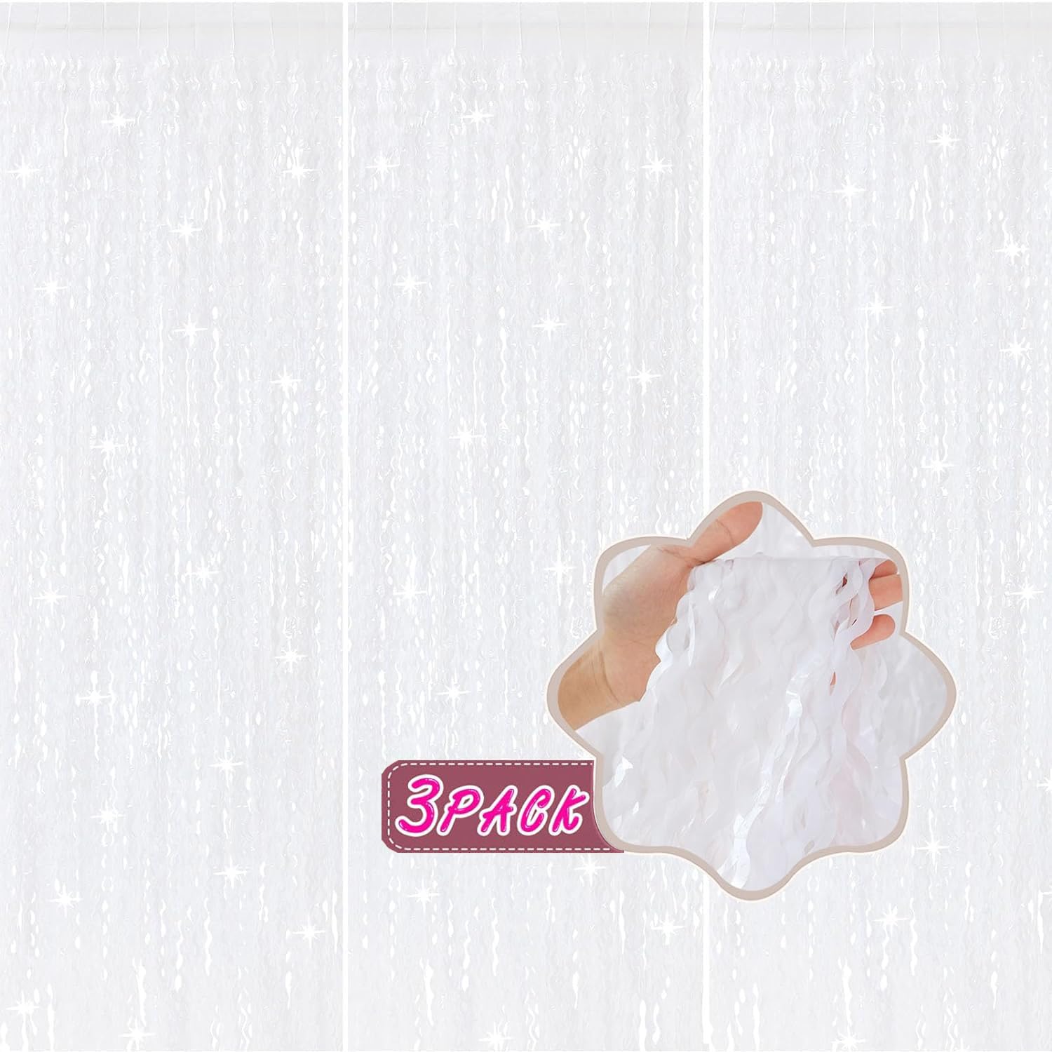 Photo 1 of 3Pcs Wavy White Metallic Tinsel Curtain Foil Fringe Backdrop,3.3 ft x 6.6 ft Streamer Photo Booth Props for Party Door Wall Curtains Bachelorette Birthday