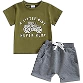 fhutpw Toddler Baby Boy Summer Clothes Tractor Letter Short Sleeve T-Shirt Tops Pockets Casual Shorts Set Infant Outfits