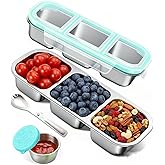 Snack Containers with Airtight Lids Reusable Stainless Steel 3-Compartment Metal Bento Lunch Box for Adults, Divided Food Storage Lunchable Meal Prep Containers, Snack Box with Spoon Sauce Jar