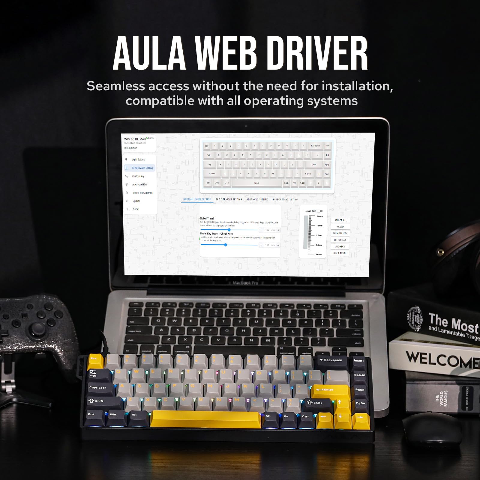 EPOMAKER Aula WIN68 HE Magnetic Keyboard with Adjustable Actuation, Hall Effect Switches, 65% Wired Compact Keyboard, 8000 Hz Polling Rate, Hot-Swappable (Grey&Yellow)