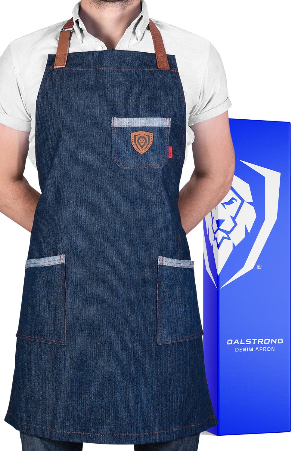 DALSTRONG Professional Chef's Kitchen Apron - 100% Cotton Blue Denim - 4 Storage Pockets - American Legend - Liquid Repellent Coating - Genuine Leather Accents - Adjustable Straps