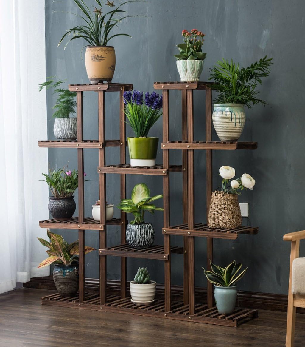 ZENGAI Solid Wood Flower Racks Multilayer Pulley Flower Pot Display Stand, 2 Colors, 47.2 Inches High (Color : Carbon burning, Size : Without wheels)