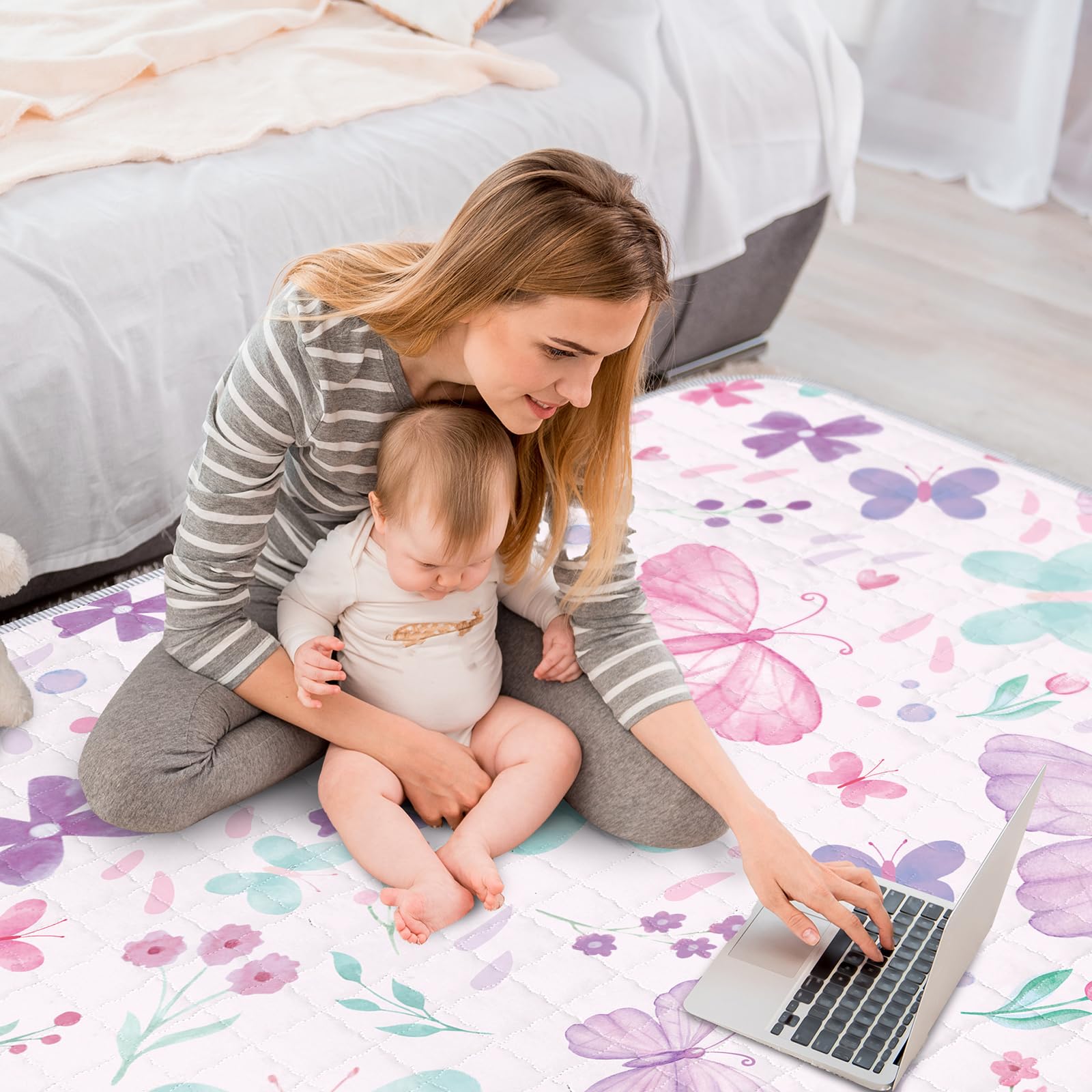 Funtery 43 x 43 Inch Boho Baby Play Mat Portable Crawling Washable Foldable Tummy Time Non Slip Baby Floor Large Playpen Mat for Infants Toddlers Floor Playpen Activity(Butterfly)