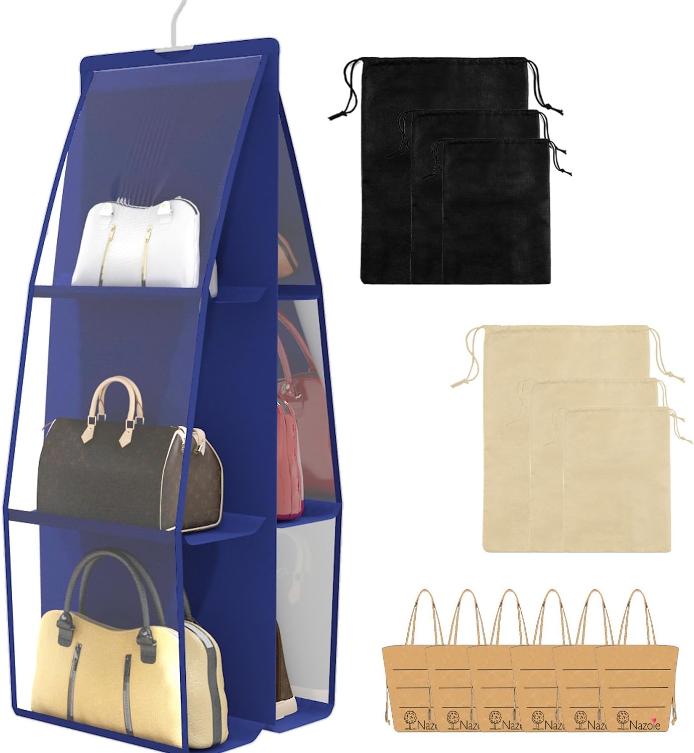 iNazoie Hanging Purse Organizer, Nonwoven Handbag Organizer 6 Pockets Closet Storage Bag