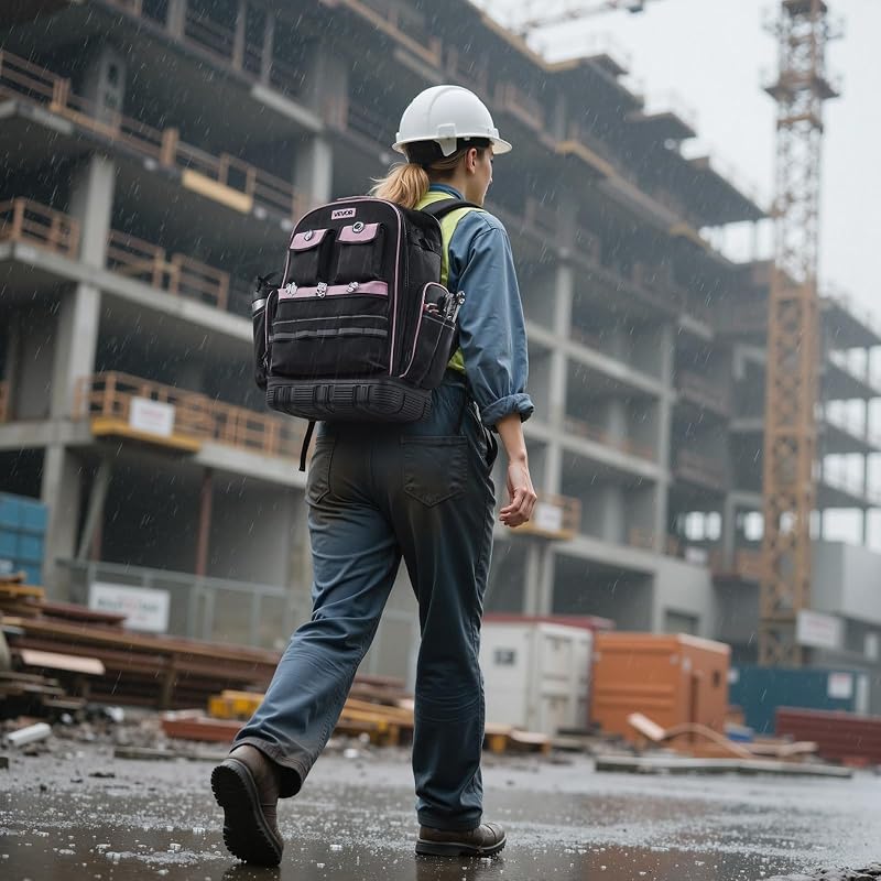 Zaino Portautensili, 56 Tasche, Organizzatore per Attrezzi Pesanti, Zaino da Lavoro con Scomparto per Laptop e Base Sagomata, Borsa da Cantiere per Elettricisti, Riparatori e Tecnici HVAC