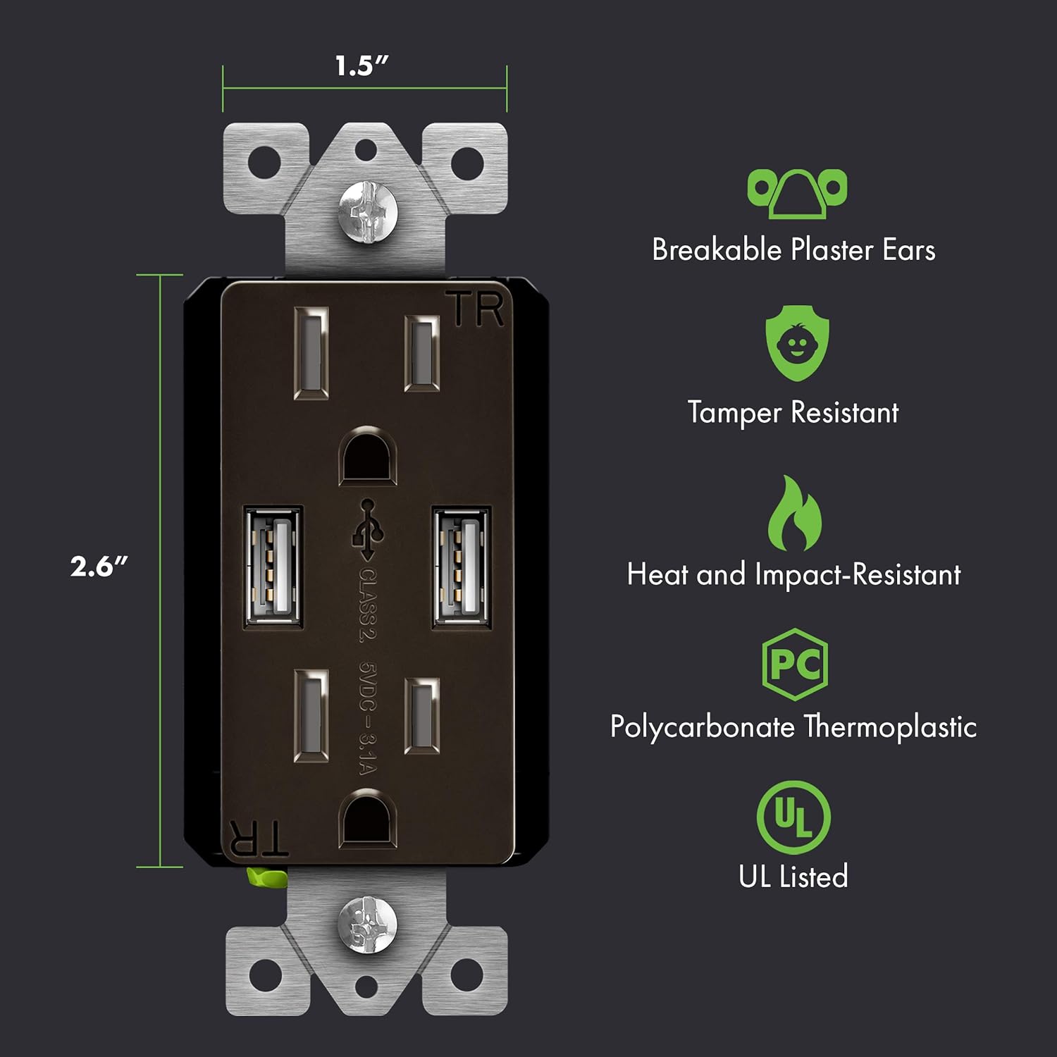 TOPGREENER 3.1A USB Outlet, USB Wall Outlet, 15A TR Receptacle, for iPhone XS/MAX/XR/X/8/7/6s/Plus, iPad, LG, HTC and more, Compatible Samsung Galaxy S9/S8/S7/S6, Note9/8/7 and more, 2-Pack, White - - 