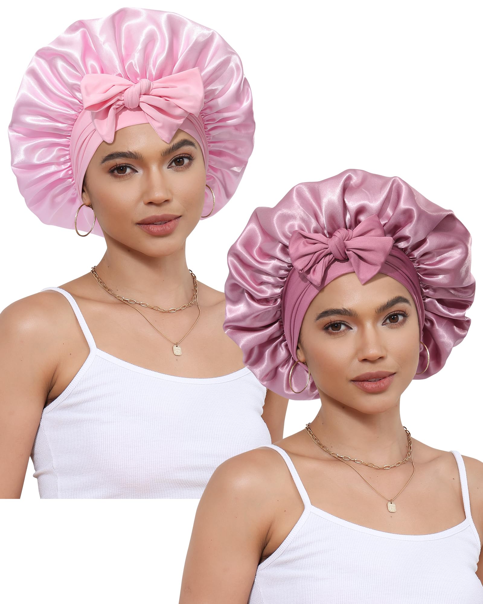 Photo 1 of 2 PCS Satin Bonnet Hair Bonnet for Sleeping Women Satin Hair Wrap with Elastic Tie Band Sleep Night Cap for Curly Hair (Bean Paste+Pink)