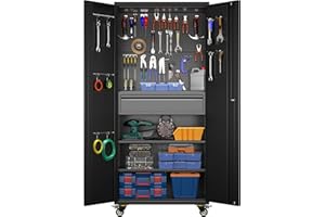 GLADIW Garage Storage Cabinet with Wheels, Metal Storage Cabinet with 1 Drawers and 2 Adjustable Shelves, Lockable Storage Cabinet with Pegboards for Homes, Offices, Kitchens, Schools and Pantries