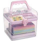 BTSKY Multipurpose Plastic Craft Storage Containers with Removable Tray, Clear Plastic Storage Box with Lid & Handle, Easy Carry & Stack Small Storage Container, 6.3x5.6x6.3 Inch, Square-Pink