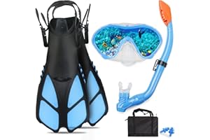 AosDero Kids Snorkeling Set with Flippers+Panoramic Snorkel Mask+Dry Top Snorkel+Earplugs+Gear Bag,Snorkeling Gear for Kids,Youth,Boys and Girls Age 5-12