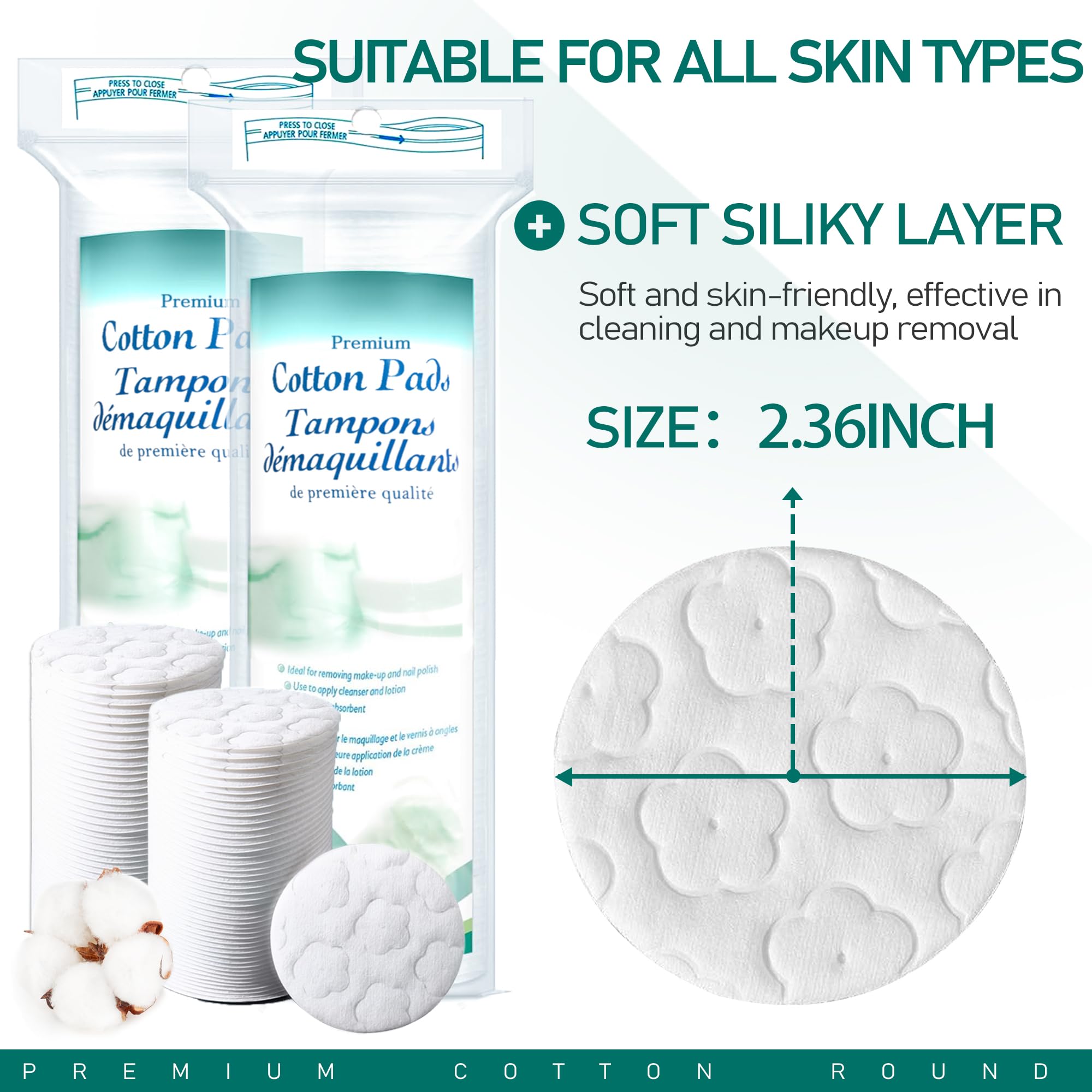 Premium Cotton Rounds for Face, 400 Count Makeup Remover Pads,100% Pure & Natural Facial Cleansing Round Pads for Makeup Removal, Nail Polish Remover (Green-4PCS)