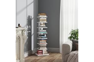 TUTOTAK Narrow Bookshelf, 8-Tier Bookcase, Spine Book Shelf for Small Space, Corner Standing Shelf for Living Room, Office, Study, Entryway, White BS06BW008